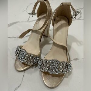 Benjamin Walk touch ups Felicity Nude gold block heel embellished sandal  6.5